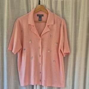 Koret Light Pink Embroidered Cotton Ramie Top Blouse Shirt Flower